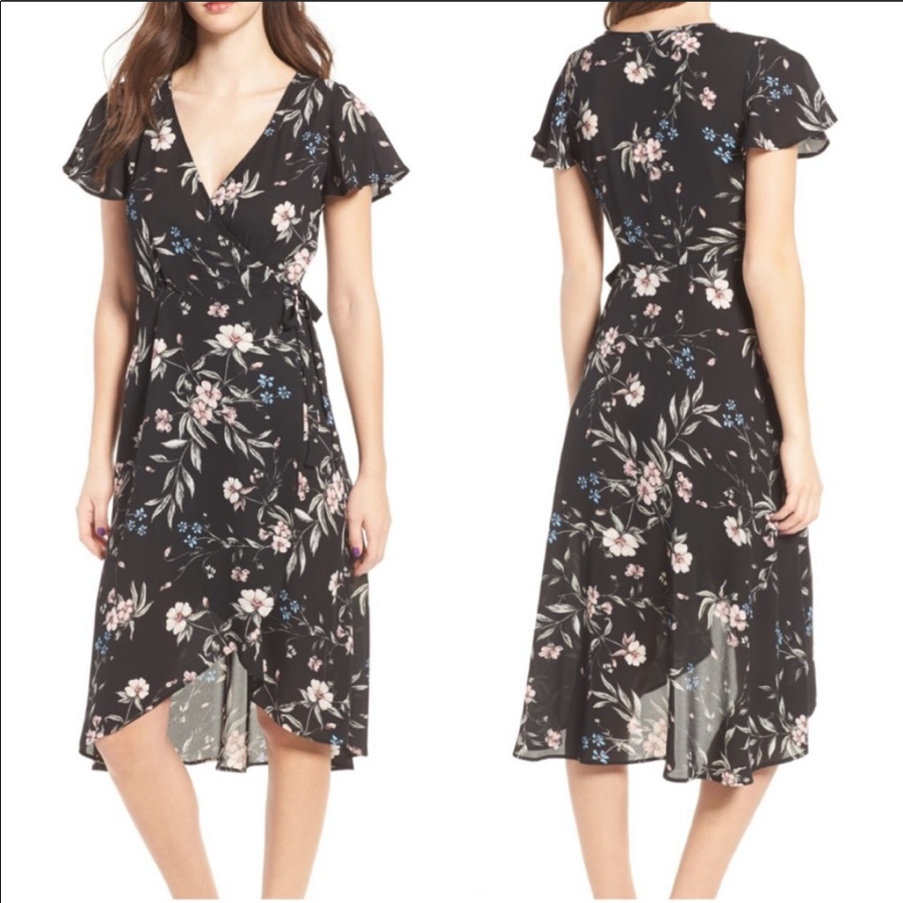 Black floral wrap dress